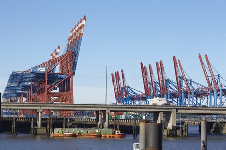 Container terminals of the deepwater port Hamburg Waltershof taken from the Rugenberger Port on...