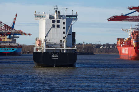 The container vessel arrives at the deepwater port Hamburg Waltershof on February 8, 2015.