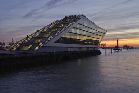 The cruise terminal at the Port of Hambug (Germany) taken at sunset on March 8, 2015.