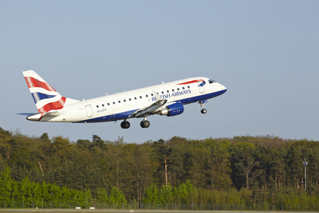 An Embraer 170 of British Airways takes off at Frankfurt International Airport (Germany, FRA) on April 23, 2015.のeditorial素材