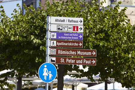 Some roadsigns shows in different directions on the promenade beneath the river Rhine at Remagen (Germany, Rhineland-Palatinate, County Ahrweiler).のeditorial素材