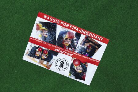 The theme of the carnival clique is printed on a carnival waggon at the Carnivel at Basel 2016 (Basle - Switzerland) on February 15, 2016.のeditorial素材