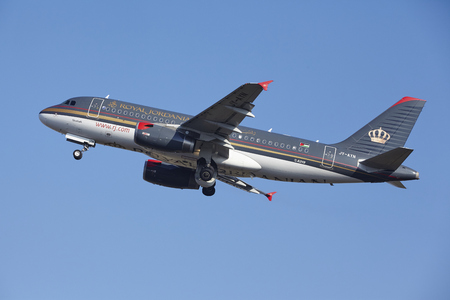 The Royal Jordanian Airbus A319-132 with identification JY-AYN takes off at Amsterdam Airport Schiphol (The Netherlands, AMS), Polderbaan on March 13, 2016. The aircraft is already high in the air.のeditorial素材