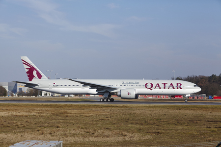 The Qatar Airways Boeing 777-3DZ(ER) with identification A7-BAJ takes off at Frankfurt International Airport (Germany, FRA) on March 18, 2016.のeditorial素材