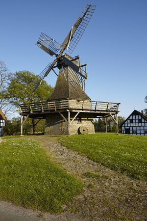 The windmill Levern (Stemwede, Germany) is part of the Westphalia Mill Street (Westfaelische Muehlenstrasse) in the rural district Minden-Luebbecke.の写真素材
