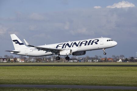 The Finnair Airbus A321-231 with identification OH-LZH lands at Amsterdam Airport Schiphol (The Netherlands, AMS), Polderbaan on April 8, 2016.のeditorial素材