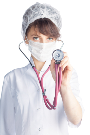 young beautiful caucasian female doctor isolated on white backgroundの写真素材