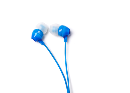 blue earphones isolated on white background, macro photographyの写真素材