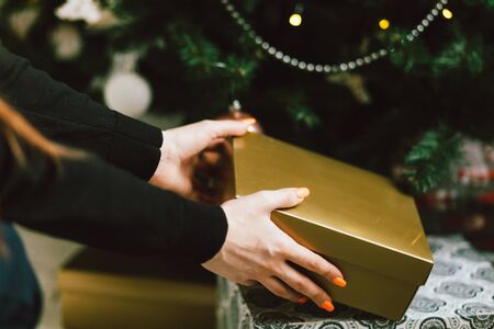 female hands putting gift box under christmas treeの写真素材