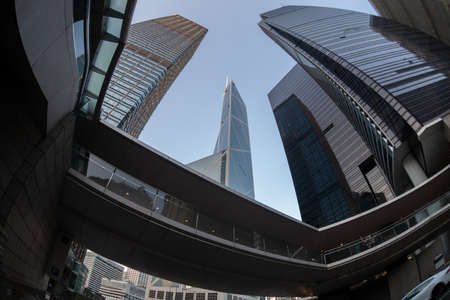 city business modern, buildings skyscrapers low angle fish eye shot, Hong Kongの写真素材
