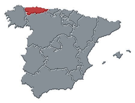 Political map of Spain with the several regions where Asturias is highlighted. Political map of Spain with the several regions where Asturias is highlighted.