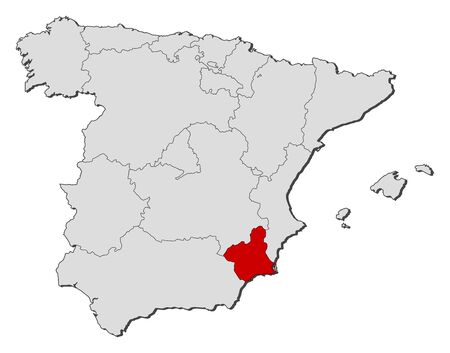 Political map of Spain with the several regions where Murcia is highlighted.のイラスト素材