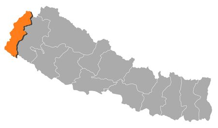 Political map of Nepal with the several zones where Mahakali is highlighted.のイラスト素材