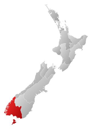 Political map of New Zealand with the several regions where Southland is highlighted.のイラスト素材