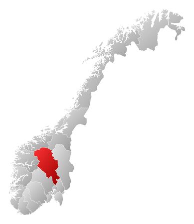 Political map of Norway with the several counties where Oppland is highlighted.のイラスト素材