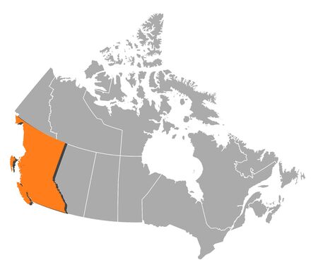 Map of Canada with the provinces, British Columbia is highlighted by orange.のイラスト素材