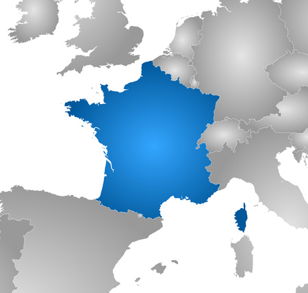 Map of France with the provinces and nearby countries, filled with a radial gradient.のイラスト素材