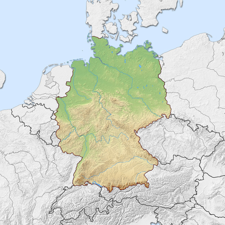 Relief map of Germany with shaded relief, the nearby countries are in black and white.の写真素材