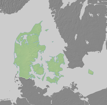 Map of Danmark with shaded relief, the nearby countries are in black and white.の写真素材