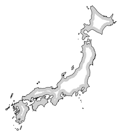 Map of Japan in black and white, Japan is highlighted by a hatching.のイラスト素材