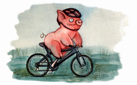 Funny pig riding a bicycle. Watercolor art. Vector illustrationのイラスト素材