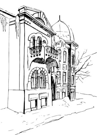 Winter cityscape. Line drawingのイラスト素材