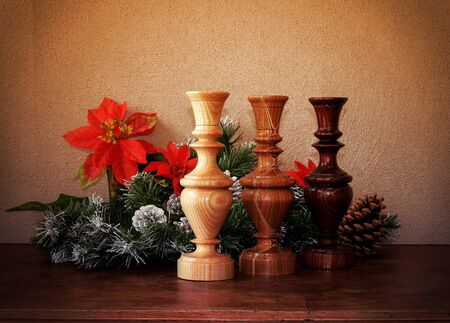 Christmas picture with fir green and candlestickの写真素材