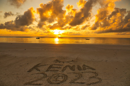 Happy New Year 2022 written on the sand beach at sunset background.