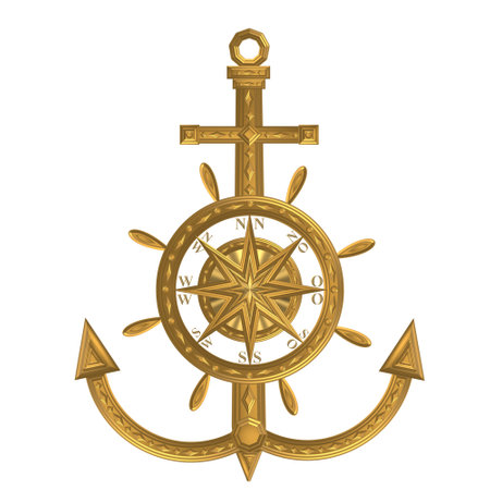 Golden Globe Compass Anchor Wind Rose Steering Wheel Sailing Shipの写真素材