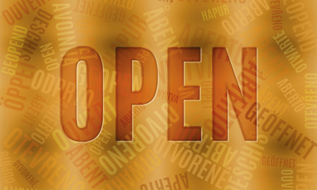 Dynamic Welcome: The Open Sign in Sun Yellow and Dark Redの写真素材