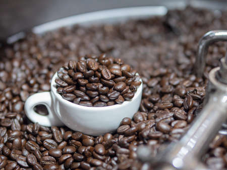 Roasted coffee on the cooling tray of the coffee roasting machine. A white ceramic espresso cup in a pile of roasted coffee beans. Organic coffee beans in roaster machine.の写真素材