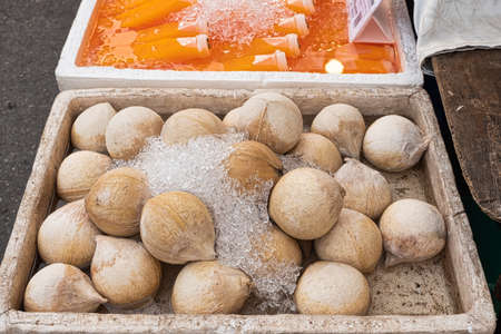 Pile of roasted coconut with small ice cube in the foam box. Fresh roasted coconut, natural juice.の写真素材