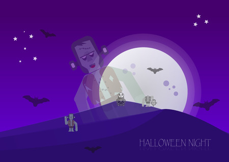Halloween night with zombies, skeleton, frankenstein and bats in full moon time. Vector Design.のイラスト素材