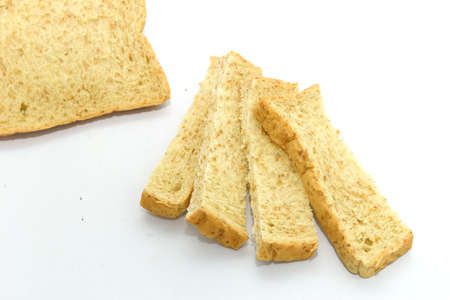 Slice of bread on white background. Breackfast food.