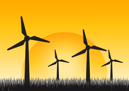 Silhouette of wind turbine with meadow grass in sunrise time.のイラスト素材