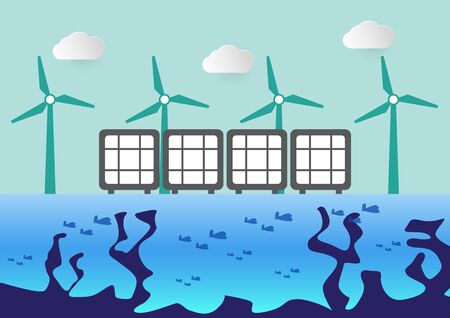 Environmental scene with wind turbines and solar panels on the river. Paper cut of clouds isolated on blue background.のイラスト素材