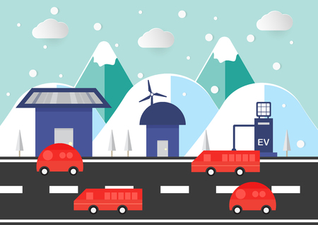 Flat environmental scene with mountain, house, car and road in winter season. Scene of cold nature. Renew Energy on home include solar panel and wind turbine.のイラスト素材