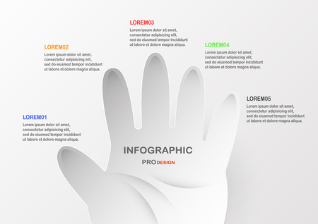Flat infographic elements with hand on grey and white background. Charts for business presentation with text space.のイラスト素材