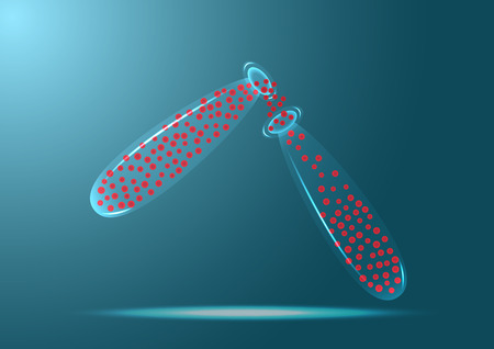 Red blood cell in transparent glass bottle on dark blue background. Science graphic for education of school and university.のイラスト素材