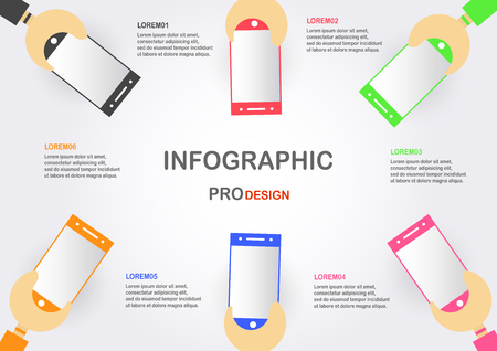 Flat infographics with hand hold mobile phone on grey and white background. Charts for business presentation with text space.のイラスト素材