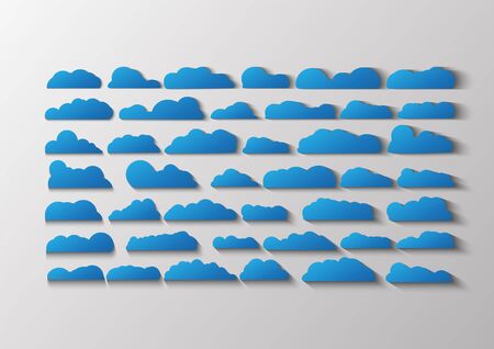 Blue Flat clouds isolated on grey and white  background. Paper cut icon design with shadow.のイラスト素材