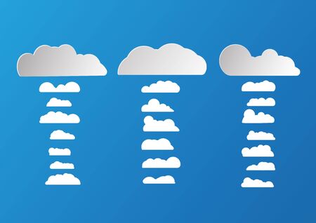 White and grey flat clouds isolated on blue background. Paper cut icon design.のイラスト素材