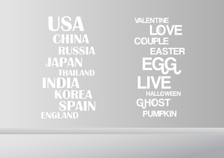 Grey and white interior background with words for holiday and some countries.のイラスト素材
