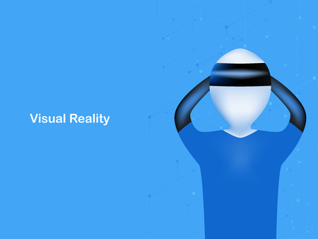 The man wears headset in technology of virtual reality. Vector design isolated on blue background with copy space.のイラスト素材