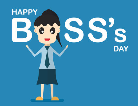 Happy Boss's day background with boss woman that is talking and smiling . Vector character design of leader isolated on blue background with copy space.のイラスト素材