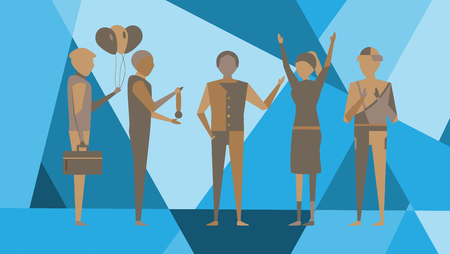 Happy Boss's day on abstract background with boss man and employee that are on blue polygon background. Character of vector design for modern fashion magazine.のイラスト素材