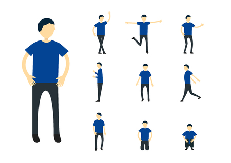 Set of character design of person with blue shirt isolated on white background.のイラスト素材
