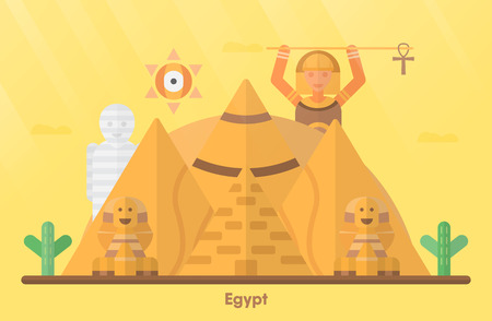 Egypt landmarks for travelling with Great Sphinx of Giza,  Great Pyramid of Giza, mountain, cactus, mummy and pharaoh girl. Vector illustration with copy space and flare of light.のイラスト素材