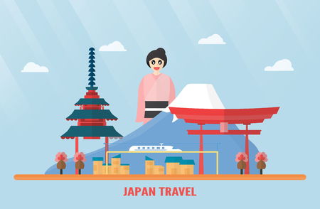 Thailand, Udonthani - 07 August 2018: Japan landmarks with Mount Fuji, Itsukushima Shrine, electric train, Sakura flower, pagoda and Japanese girl. Vector illustration with blue sky and cloud.のイラスト素材