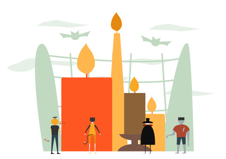 Minimal scene for halloween day, 31 October, with monsters that include dracula, pumpkin man, frankenstein, cat. Vector illustration isolated on white background.のイラスト素材
